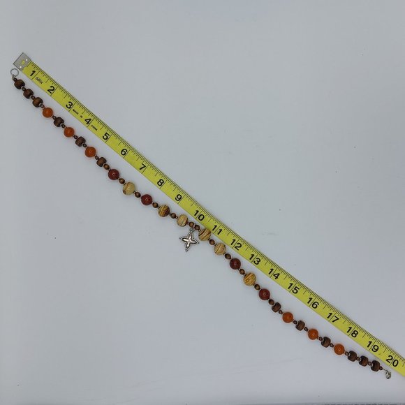 Necklace 20" Orange and Brown Wood Marble Glass Beads Pendant Silver Toned Clas - Picture 7 of 7